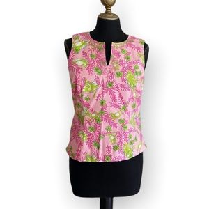 Lilly Pulitzer Top Vintage Monkey Print Sleeveless Blouse Green Pink Size 4